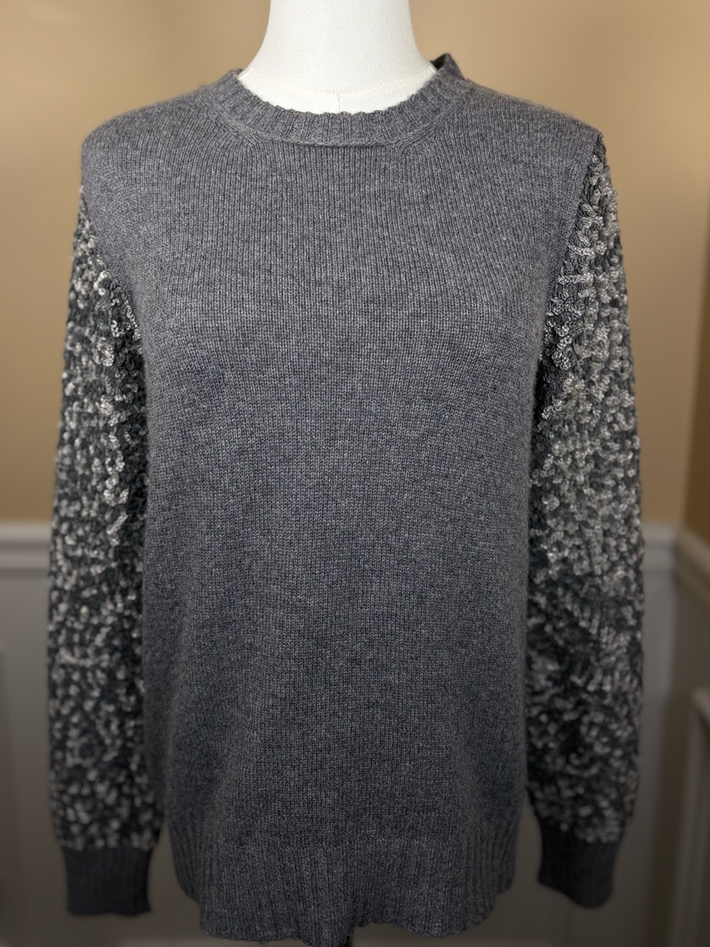 ✨ Armand Diradourian 100% Cashmere Sequin Sleeve Sweater Gray S